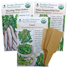 Load image into Gallery viewer, Asian Vegetable Garden Organic Seeds Variety Pack - Edamame, Daikon Radish, Pak Choi (Bok Choy)