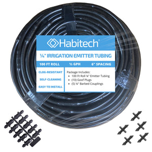 Habitech 1/4" Irrigation Dripline Tubing (100 Ft Roll) - 6" Emitter Spacing - 1/4" Drip Irrigation Fittings Included